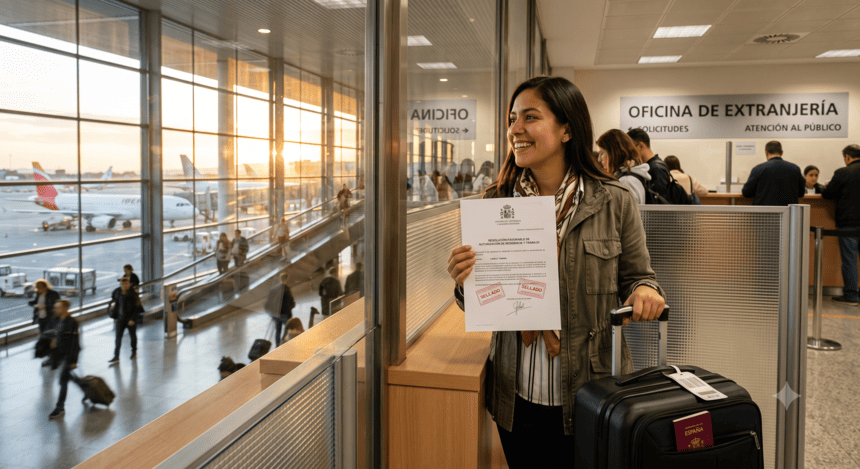 mujer migrante mostrando documento de resolución favorable para viajar sellado y compulsado por el ministerio de extranjeria