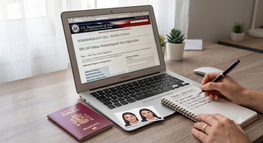 pantalla de ordenador mostrando mujer joven fuera de la emabajado de estados unidos mostrando cómo solicitar visa para Estados Unidos desde España