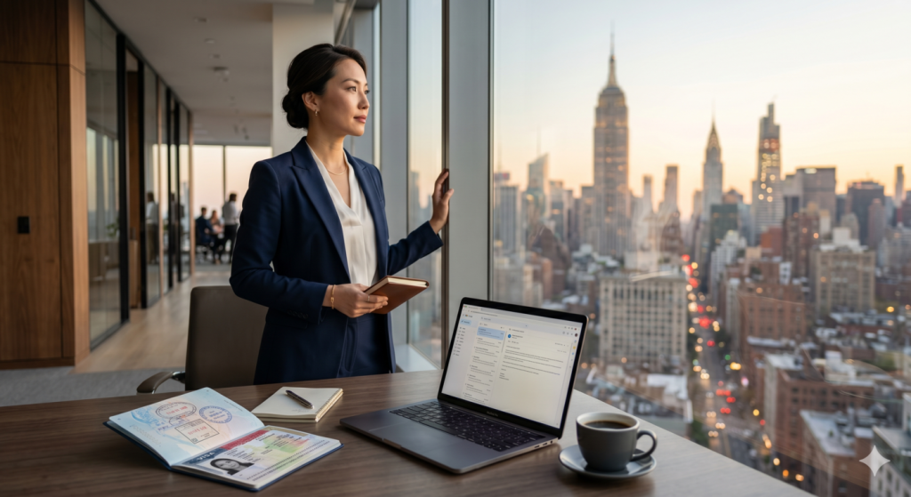 mujer oriental mirando al horizonte en nueva york con sus visados de trabajo para EEUU sobre la mesa