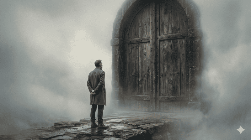 hombre esperando pacientemente frente a puerta cerrada que la administración rompa su silencio administrativo en extranjería