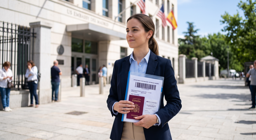 mujer joven fuera de la emabajado de estados unidos mostrando cómo solicitar visa para Estados Unidos desde España