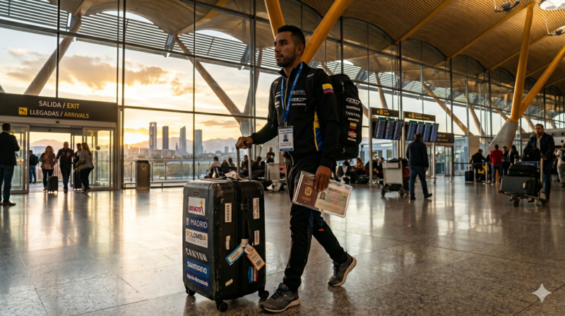 Deportista profesional con permiso de residencia y trabajo saliendo del aeropuerto en barajas