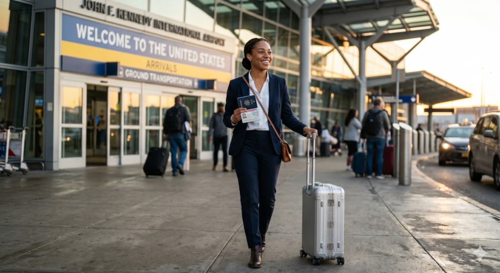 mujeres con visados de trabajo para EEUU paseando por el aereopuerto JFK de Nueva York