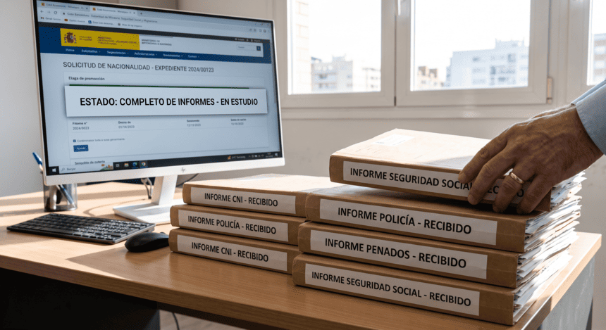 archivos sobre una mesa que acumulan informes pendientes de recepción e Informes oficiales