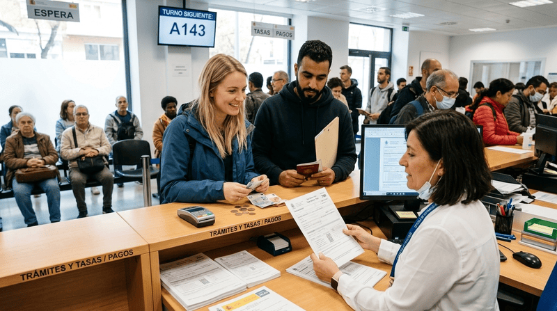 mujer pagando tasas de extranjerií en España para regularizar su situación en el ministerio