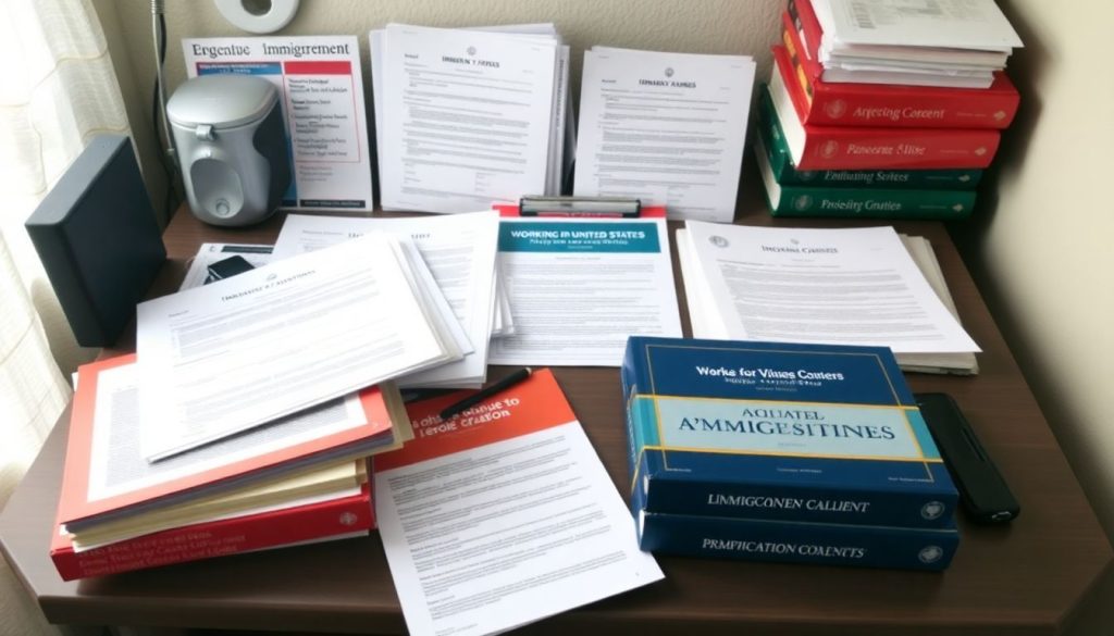 cientos de papaes y libros apilados en el cubículo de un funcionario de extranjería en la embajada de estados unidos para aprobar una visa de trabajo en estados unidos para españoles
